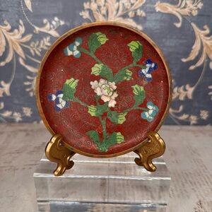Antique Chinese Cloisonne Copper Enamel Floral Trinket Dish